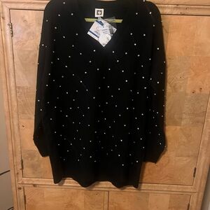 Anne Klein Black V-Neck Sweater with Pearl Details